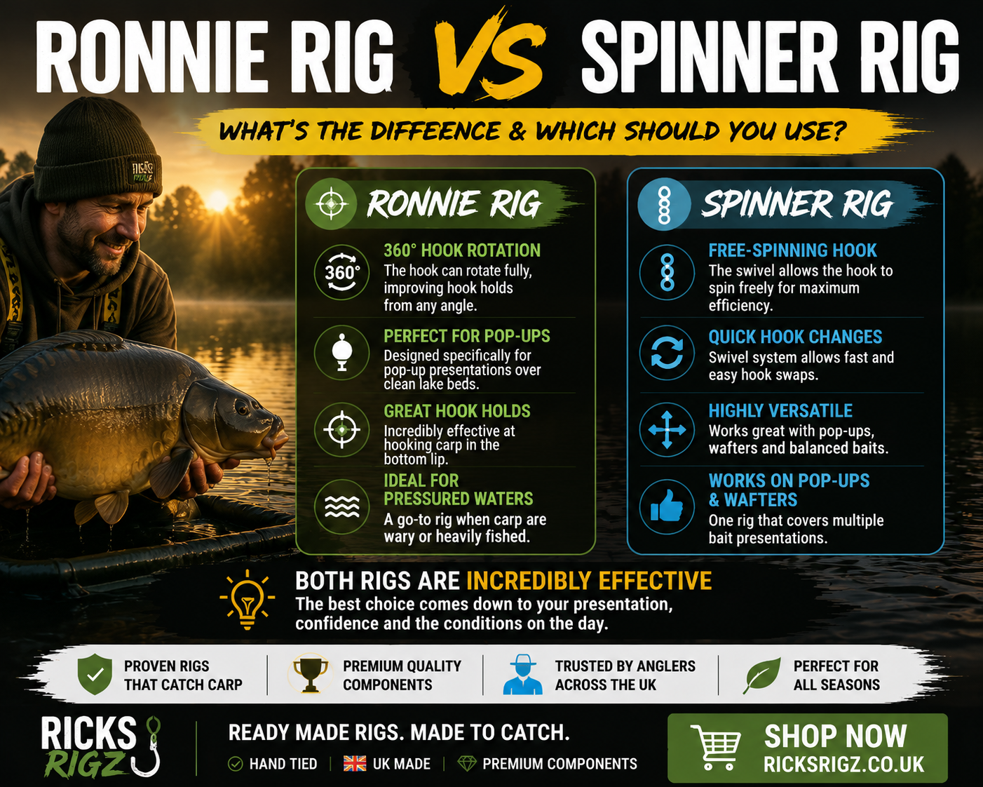 Carp Fishing Rigs Comparison – Ronnie Rig vs Spinner Rig UK Ronnie Rig vs Spinner Rig comparison for UK carp fishing rigs